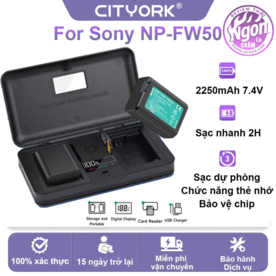 Bộ sạc pin Sony NP-FW50 CityYork hai khe sạc hiển thị phần trăm pin
