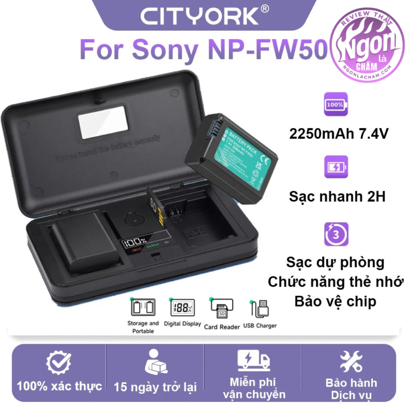 Bộ sạc pin Sony NP-FW50 CityYork hai khe sạc hiển thị phần trăm pin